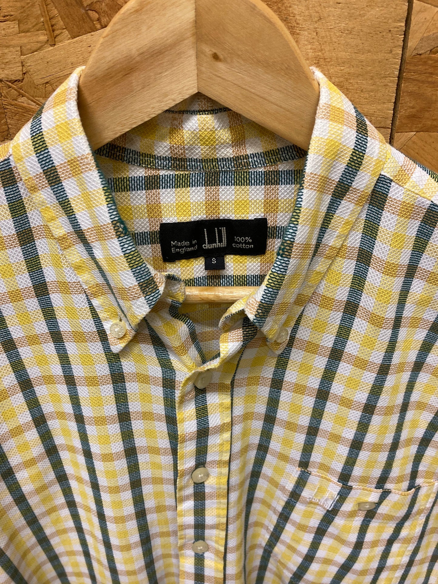 Vintage 90s Dunhill mustard yellow green white flannel check brushed cotton shirt size small