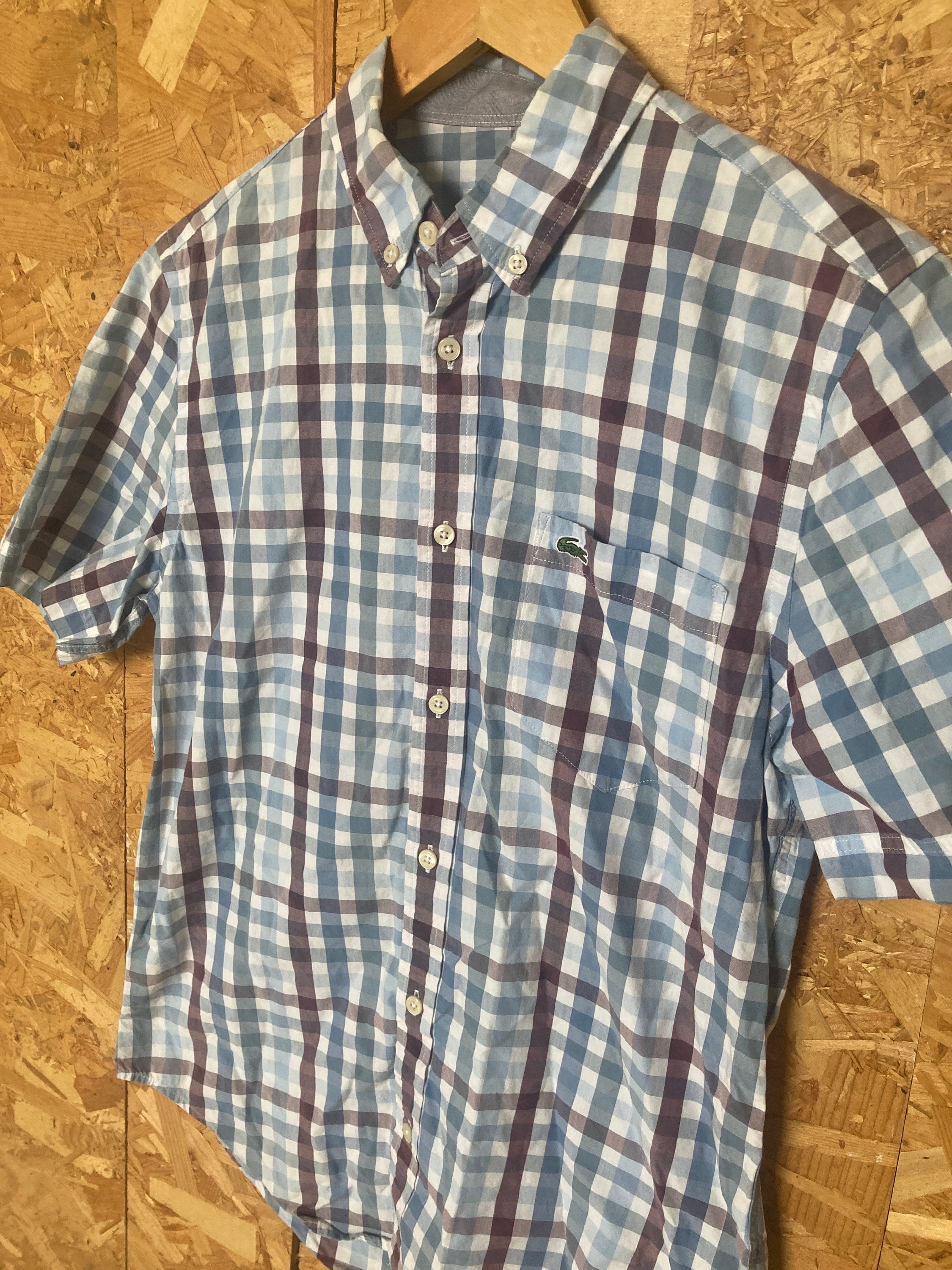 Vintage Y2K Lacoste blue white burgundy check short sleeve Mod skinhead retro punk shirt size small