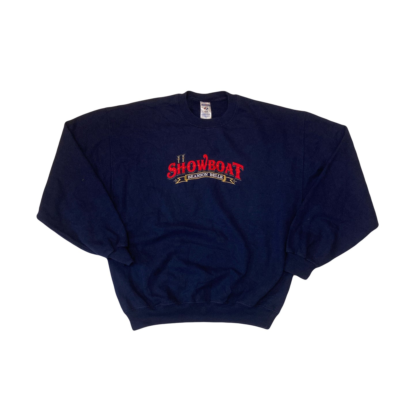 Vintage 90s navy blue Showboat embroidered USA souvenir crew neck sweater size large by jerzees