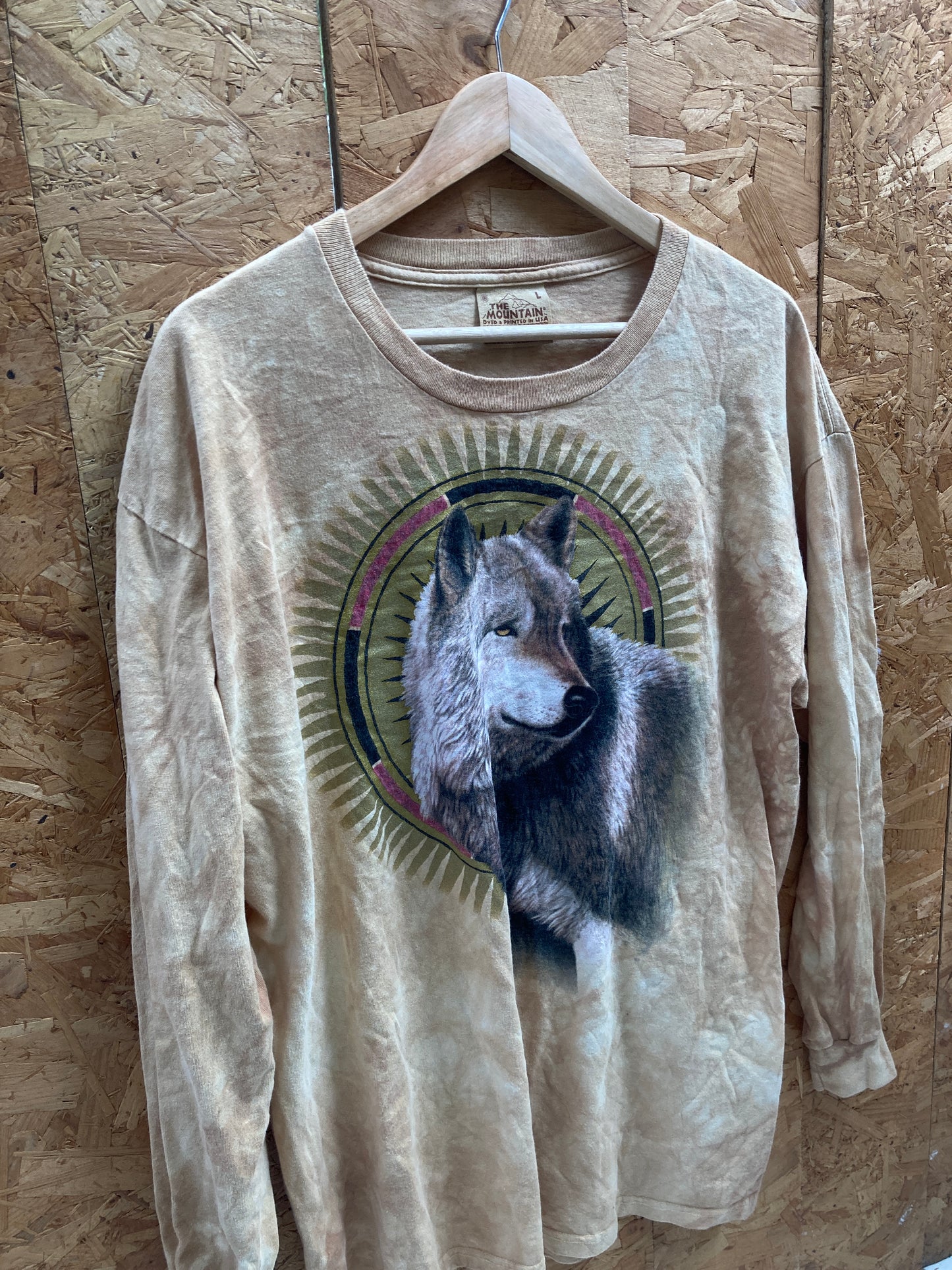 Vintage 90s The Mountain beige tie dye wolf sundial long sleeve t-shirt size L