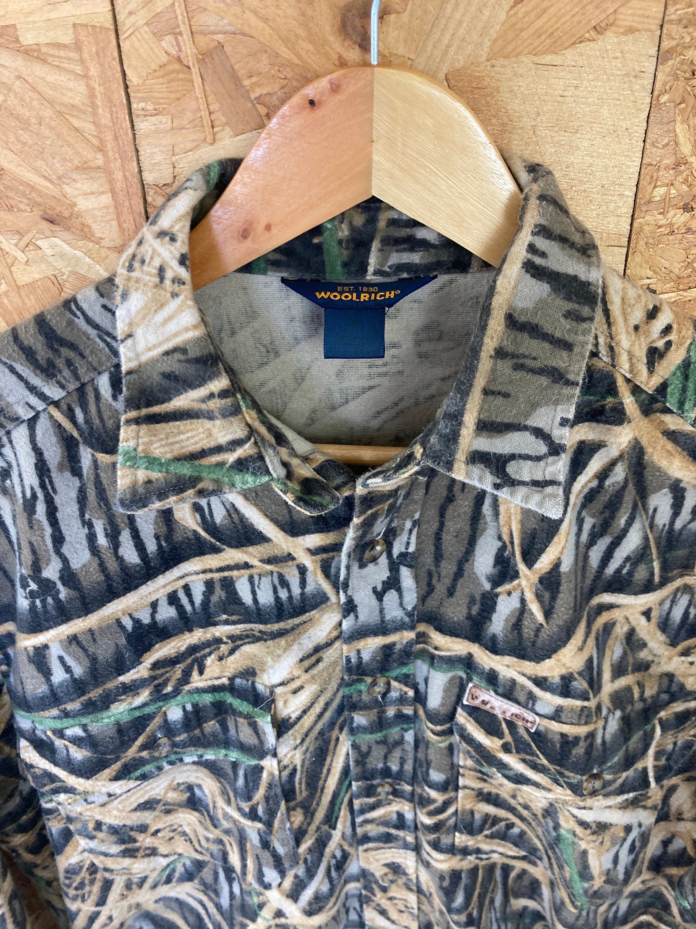 Vintage 90s Woolwich x Mossy Oak chunky fleece felt beige brown hunting shirt size XL