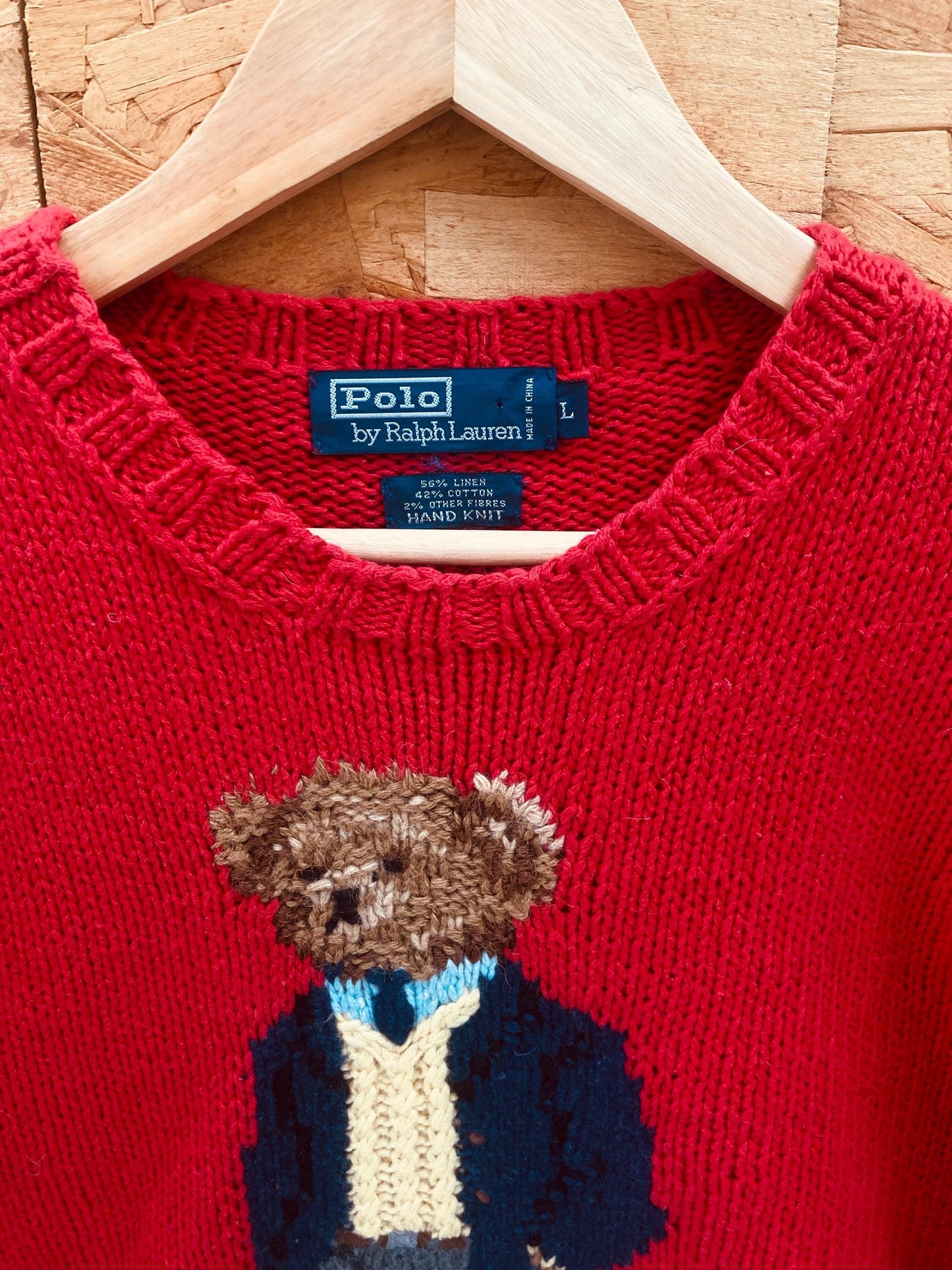 Vintage 2001 rare collectable Polo Ralph Lauren “Executive Bear” red hand-knit crew neck sweater jum