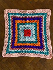 Vintage Handmade Granny Square Crochet Blanket Throw Pink Teal Orange Purple
