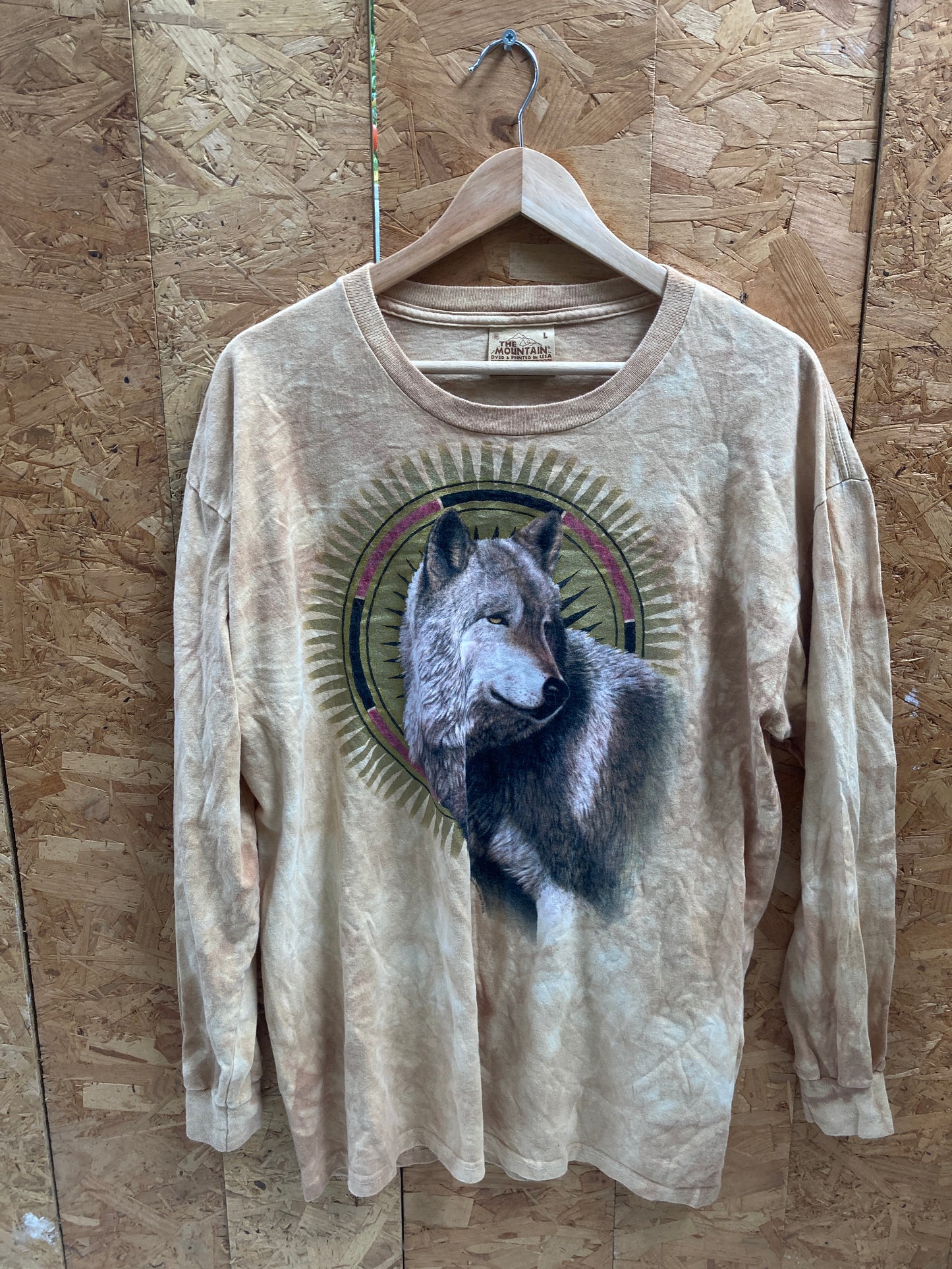 Vintage 90s The Mountain beige tie dye wolf sundial long sleeve t-shirt size L