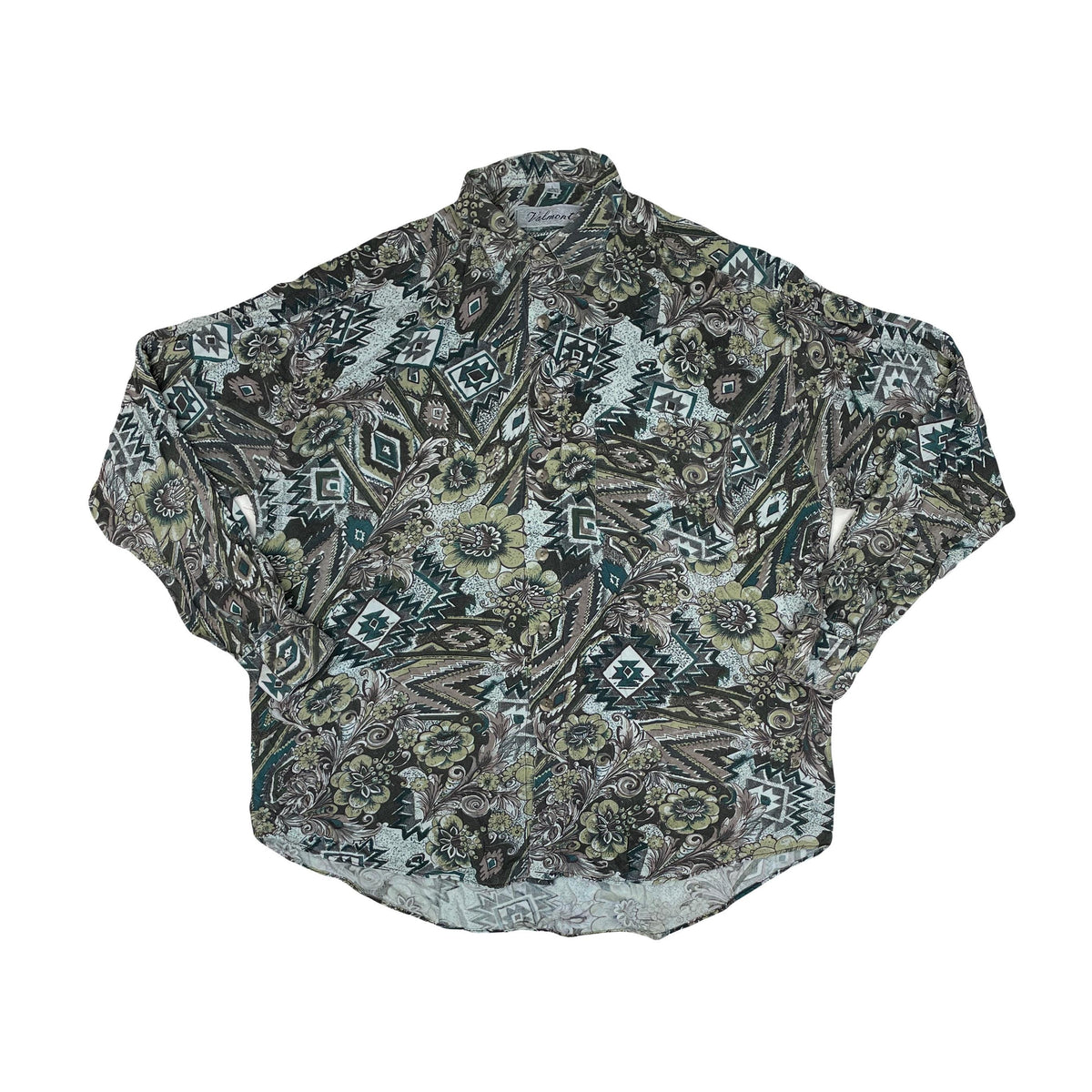 Vintage 90s ugly abstract grungy green brown paisley pattern long sleeve viscose shirt size large by