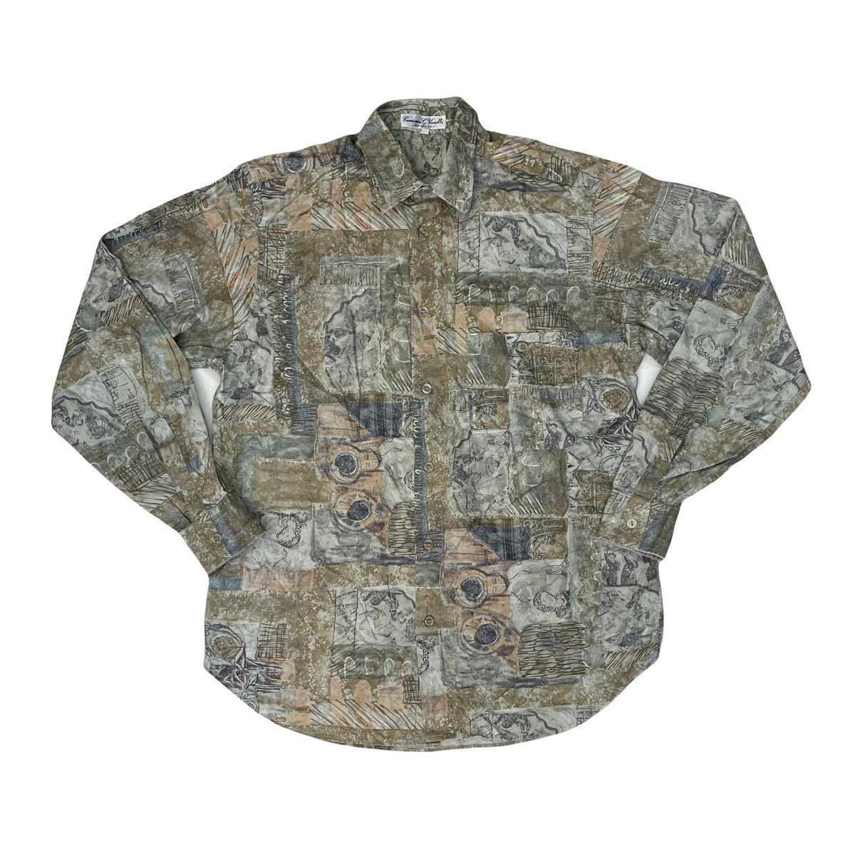 Vintage 90s ugly abstract shapes grungy green scrapbook pattern long sleeve shirt size small