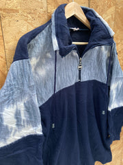 Vintage 80s navy blue grey abstract pattern 3/4 sleeve fleece quarter zip size L