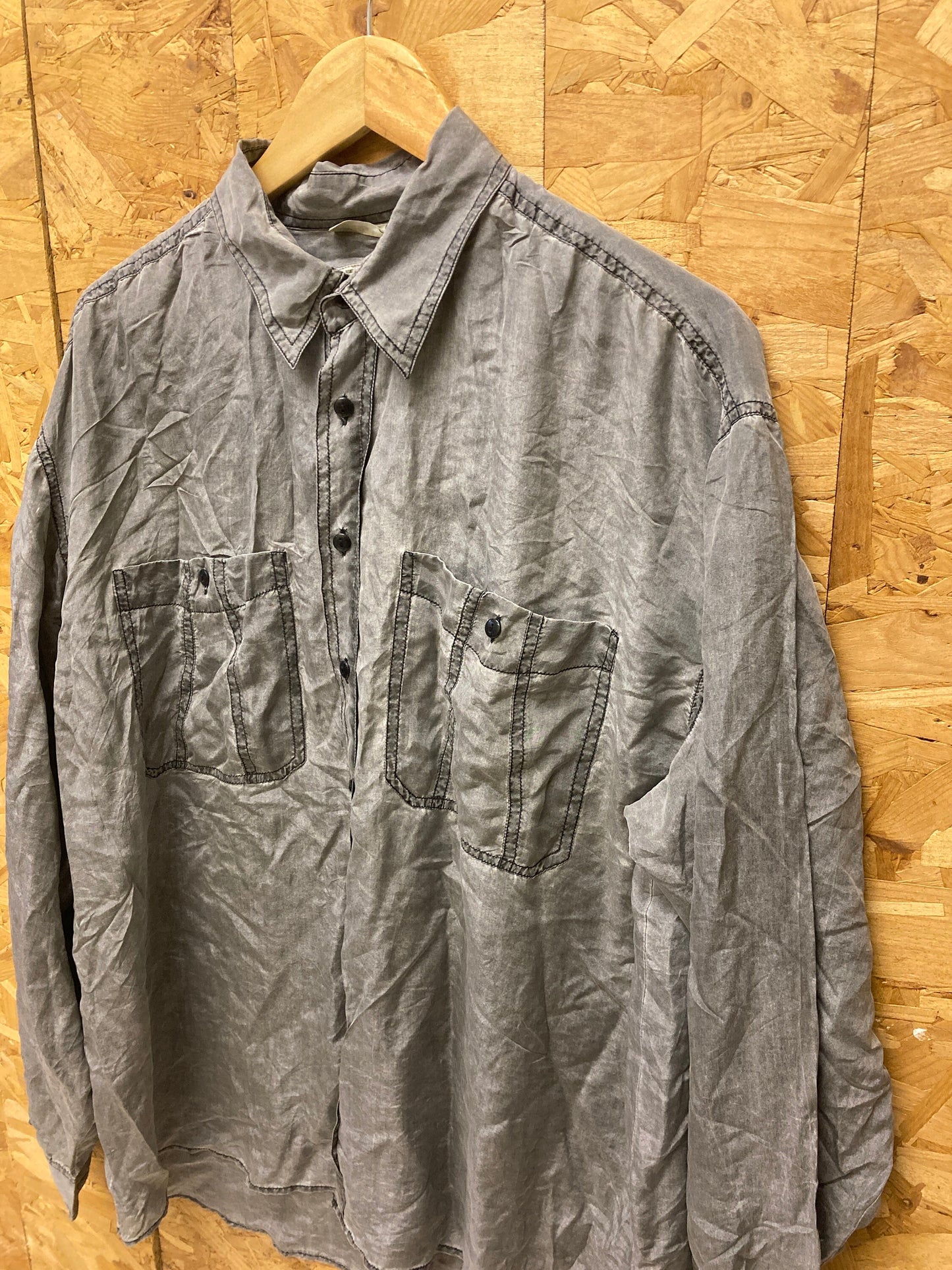 Vintage 90s 100% pure silk grey faded satin long sleeve shirt size large oversized fit