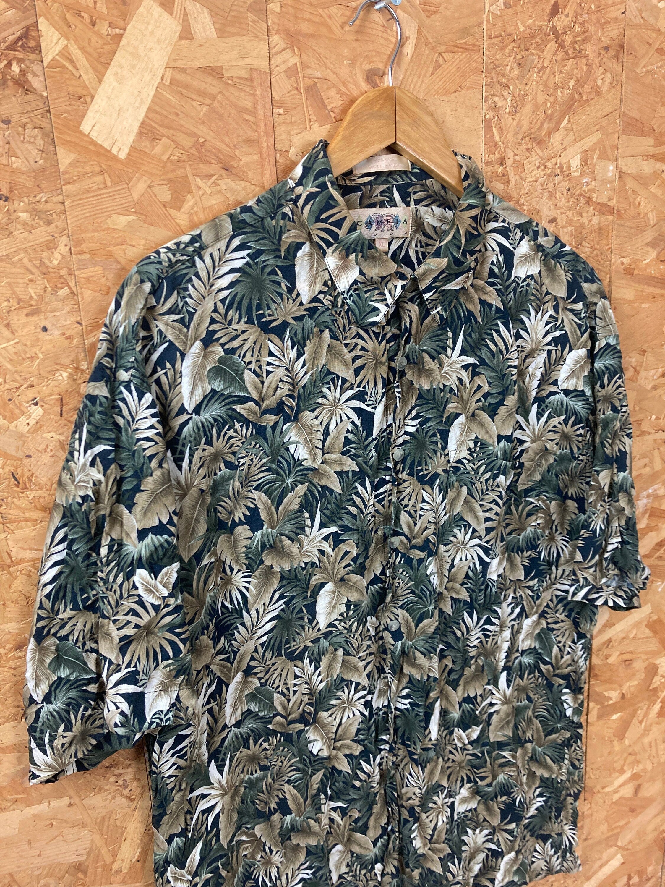 Vintage 90s green brown leaf pattern Hawaiian short sleeve ugly rayon shirt size XL