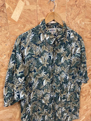 Vintage 90s green brown leaf pattern Hawaiian short sleeve ugly rayon shirt size XL