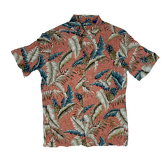 Vintage 90s rayon coral blue grey leaf pattern Hawaiian shirt size M by Campia