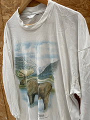 Vintage Wildlife Moose Landscape Long Sleeve Single Stitch T-Shirt White Size XL
