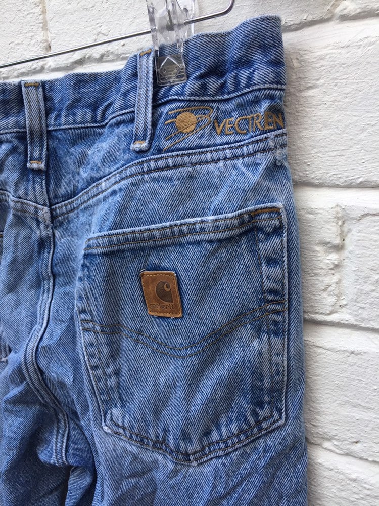 Carhartt Vintage mens 90s blue stone wash denim distressed work trousers size W34 L30