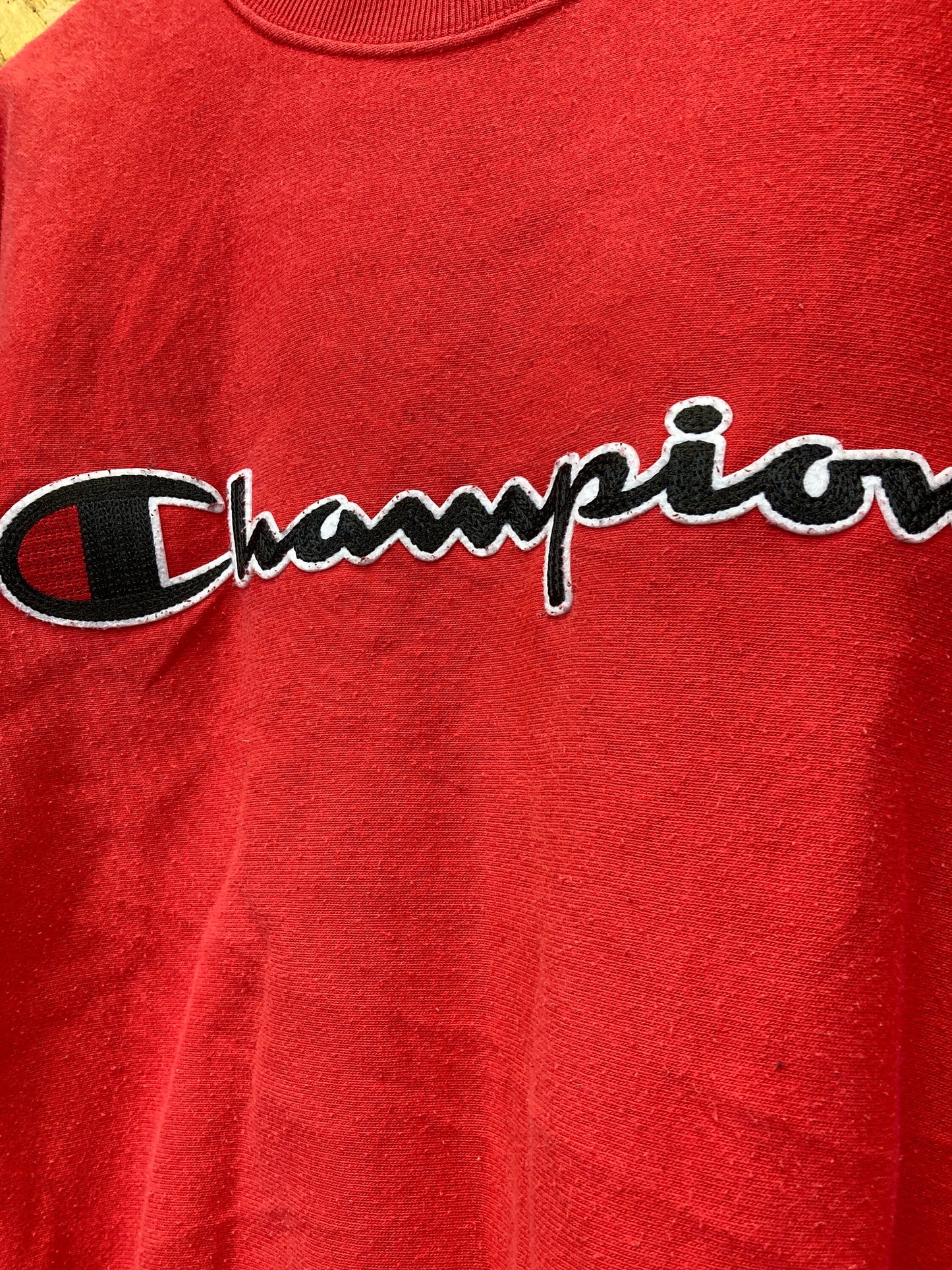 Vintage 90s Champion USA reverse weave heavyweight red & black spell out embroidered sweater size me