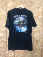 Vintage 1992 Smith & Wesson Revolvers USA 3d emblem cowboy rancher horses nature scene print black s