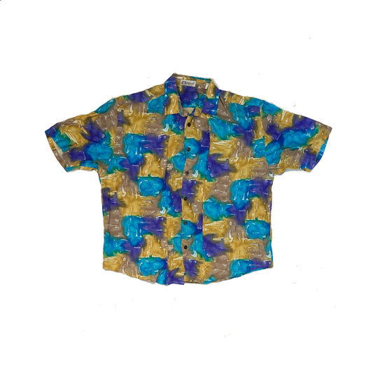 Vintage 90s blue mustard abstract pattern short sleeve ugly shirt size large