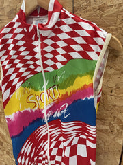 Vintage Ciclo Sport Cycling Vest M Red White Rainbow "Sports" Print Full Zip