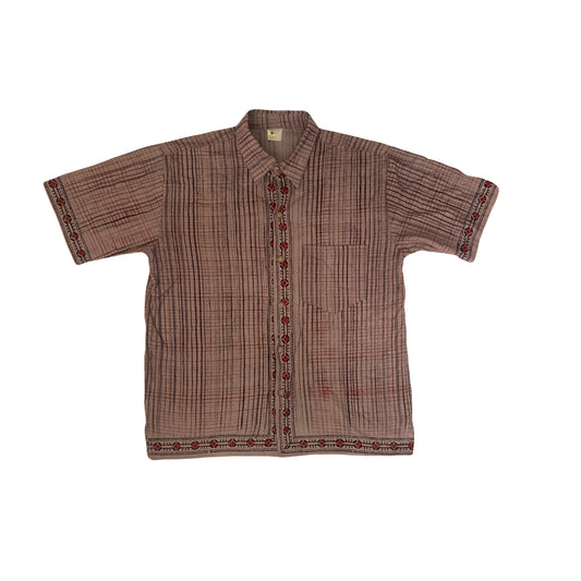 Vintage 90s brown red hand wood-block print  short sleeve shirt size large