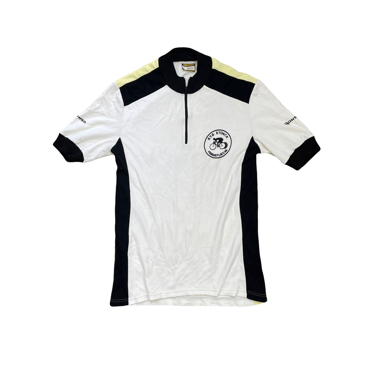 Vintage 70s East German Storck Cycling Jersey L White Black Yellow Zip L'Eroica