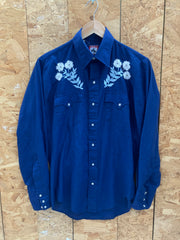 Vintage 90s blue embroidered flowers western cowboy ranch shirt size small