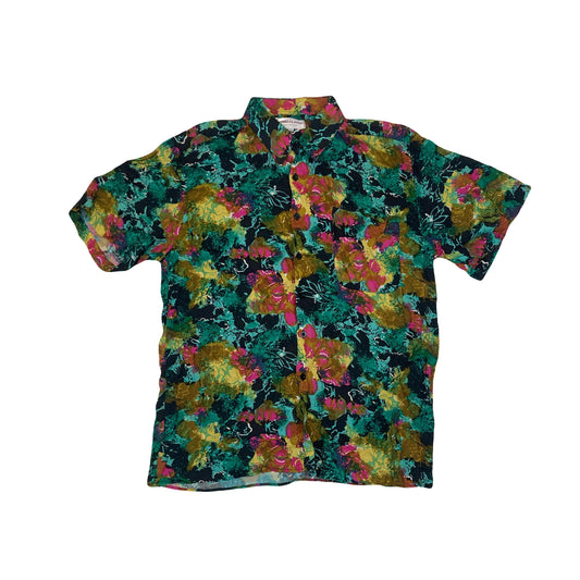 Vintage 90s mens crazy pattern grungy green blue pink short sleeve abstract shirt size large