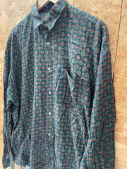Vintage Y2K dark green red paisley monogram chequered pattern long sleeve 100% viscose shirt size XL