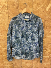 Vintage 90s ugly abstract scrapbook pattern 100% silk green navy grey long sleeve party ugly shirt s