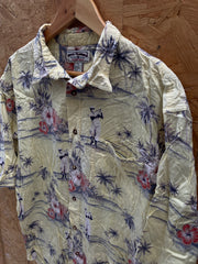 Vintage 90s rayon cotton pastel yellow golf player floral Hawaiian shirt size XL