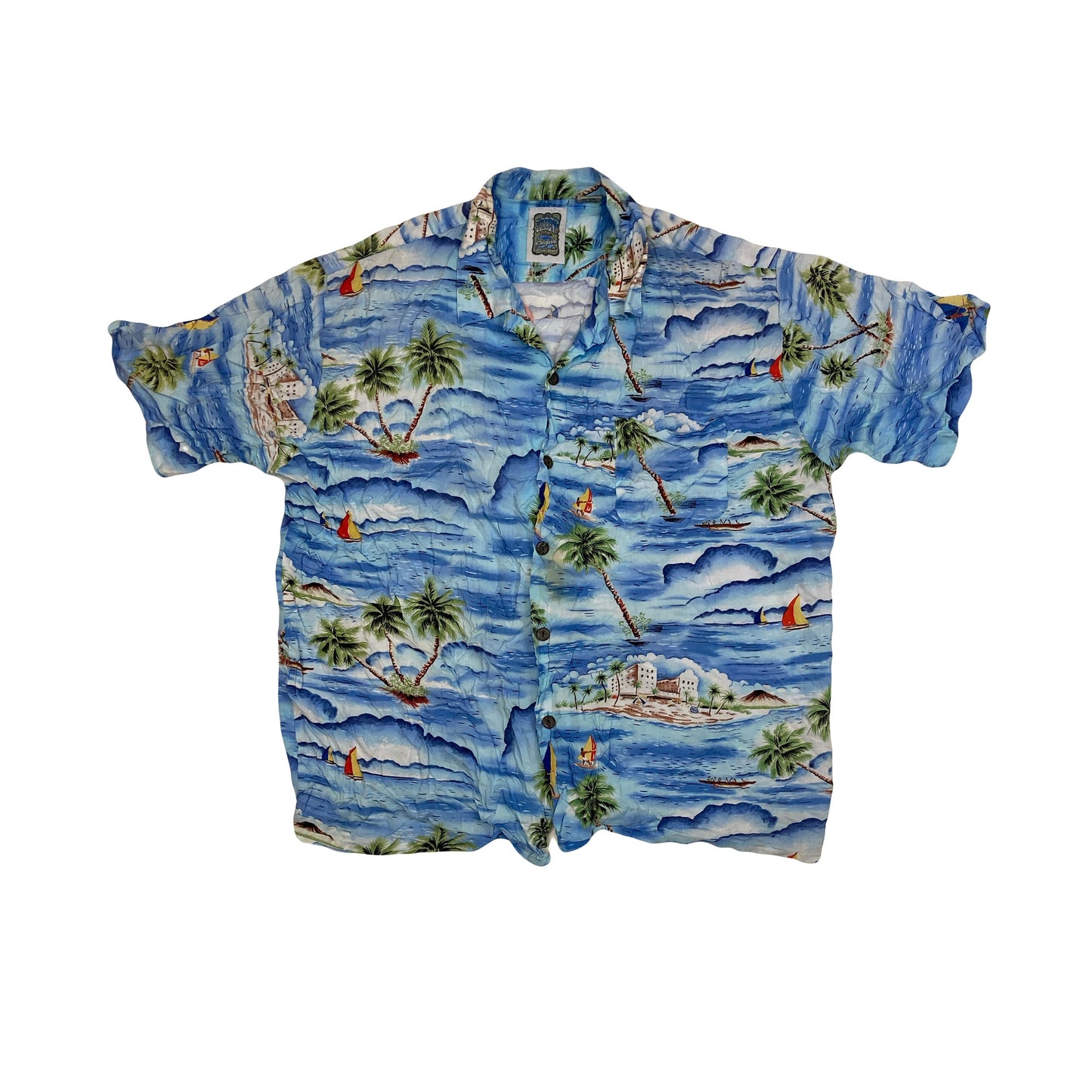 Vintage 90s mens light blue tropical island print Hawaiian eccentric statement quirky party festival