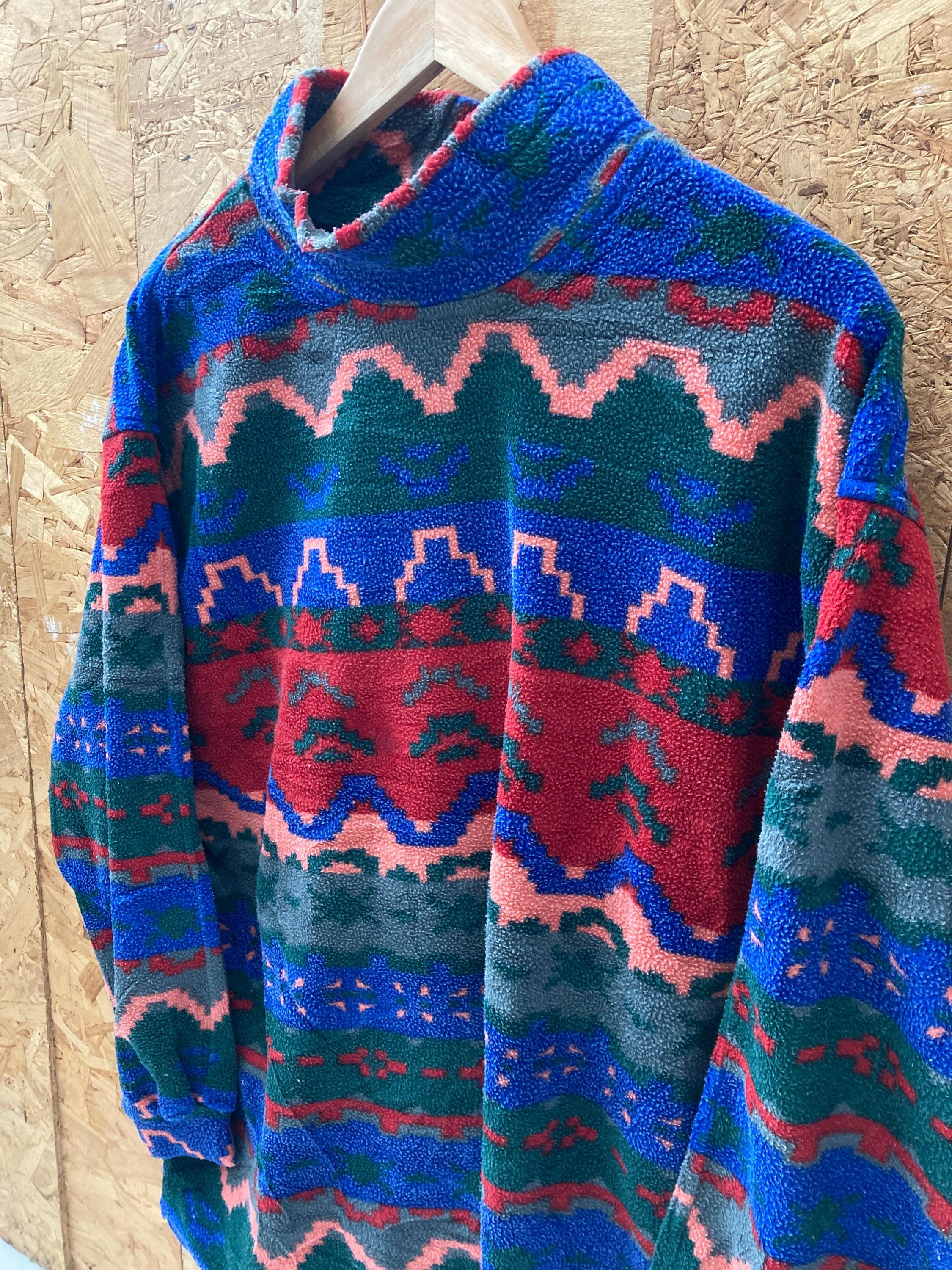Vintage 90s multicolor aztec pattern crazy print roll neck fleece jumper size XL