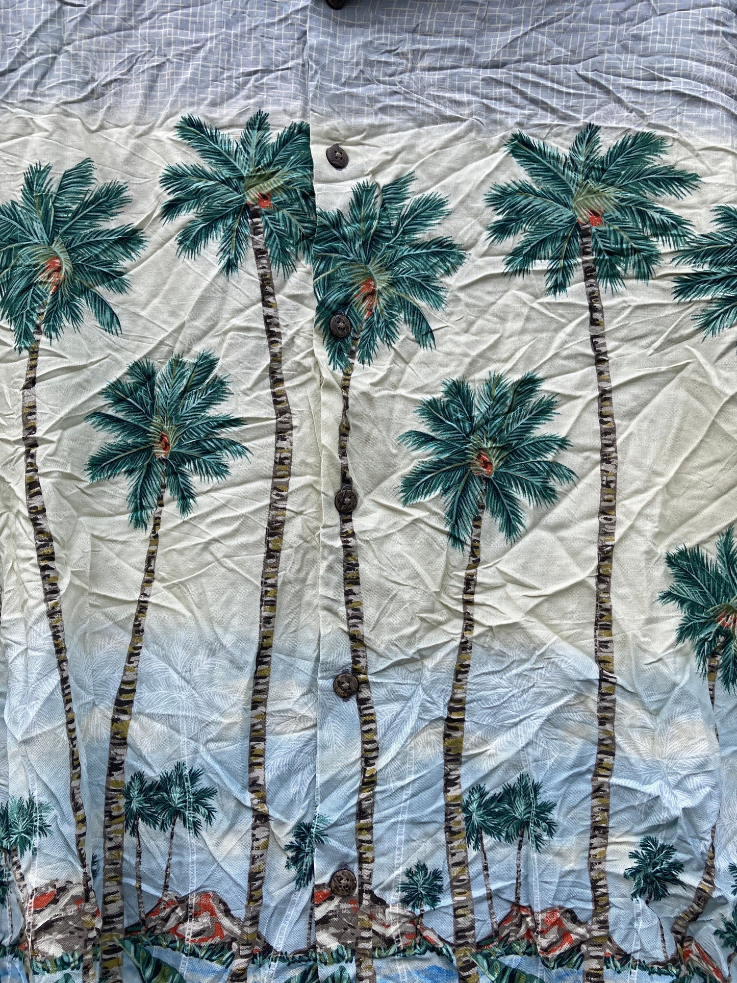 Vintage 90s grey geometric sky tropical hibiscus palm tree Hawaiian rayon shirt size XL