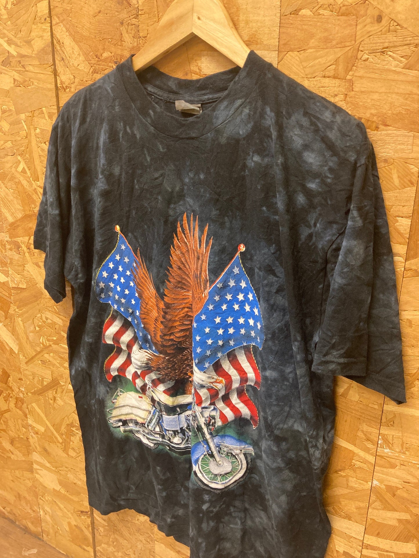 Vintage 90s American Eagle on Harley USA souvenir black tie dye patriotic t-shirt size large