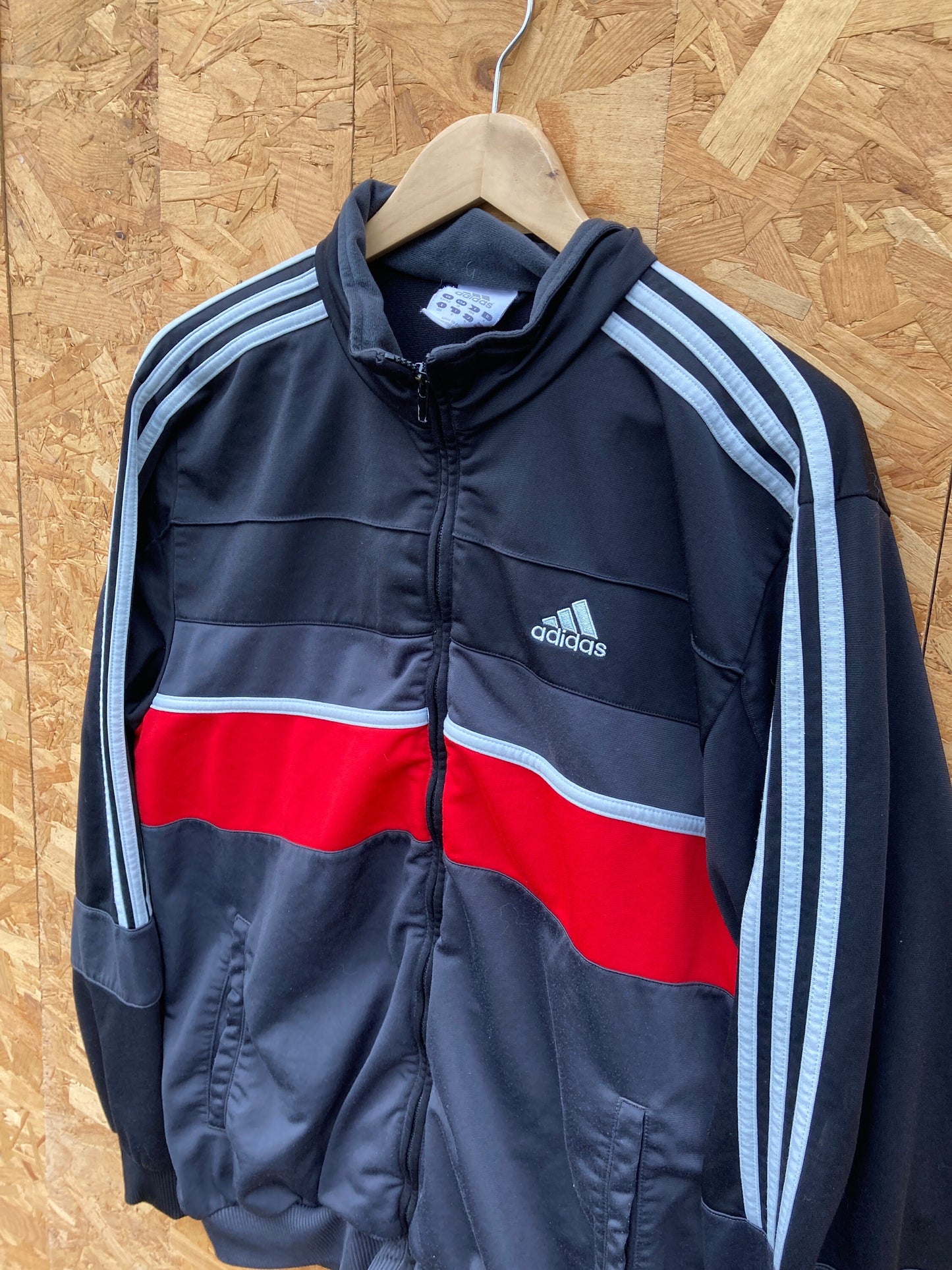 Vintage 90s Adidas zip track top black red grey white size 42 med/large