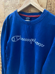 Vintage 90s blue white spell out crew neck sweater size medium by Champion