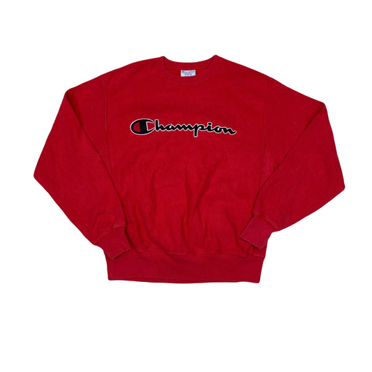 Vintage 90s Champion USA reverse weave heavyweight red & black spell out embroidered sweater size me