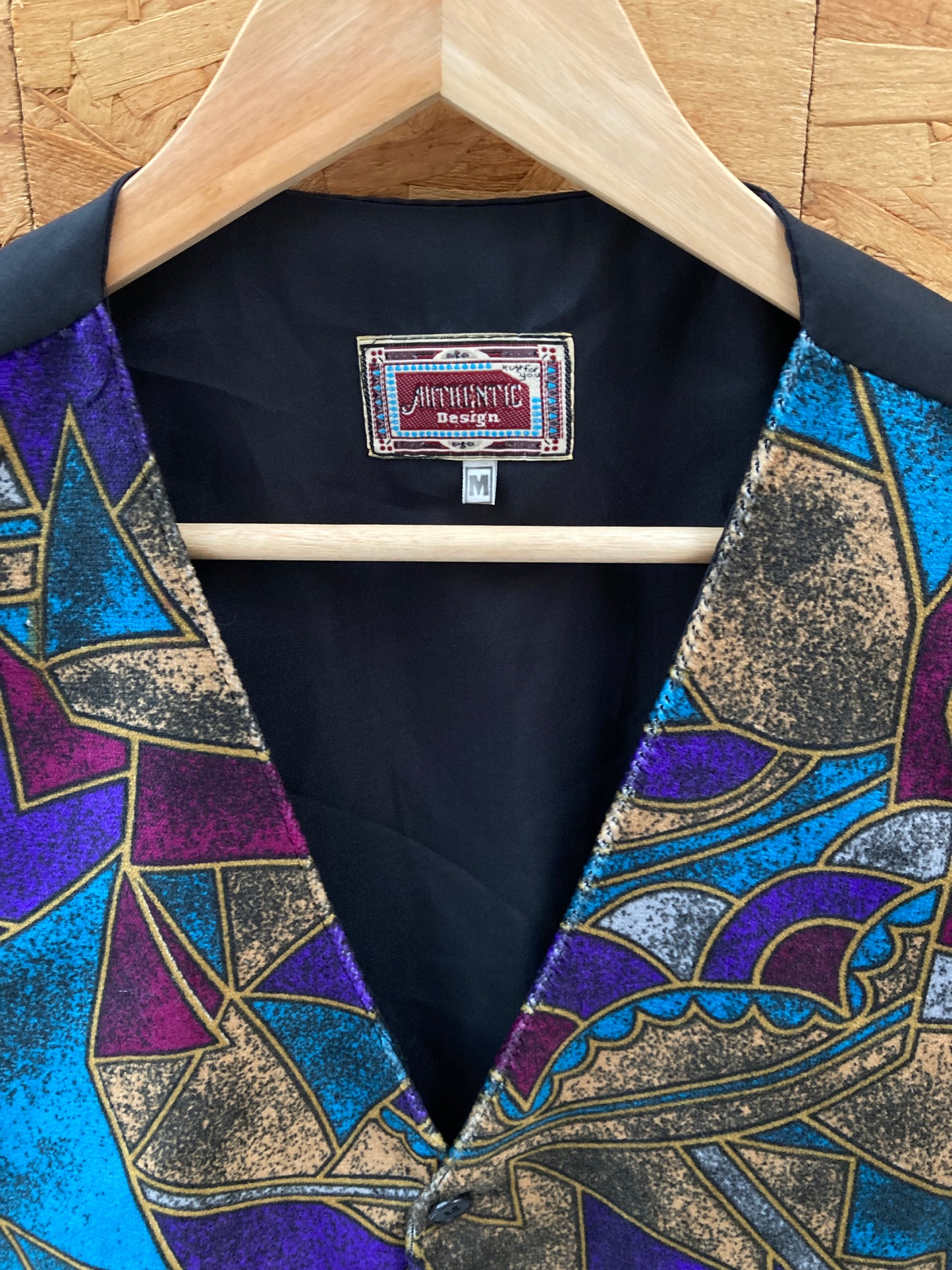 Vintage 80s turquoise gold purple abstract psychedelic velour waistcoat size M