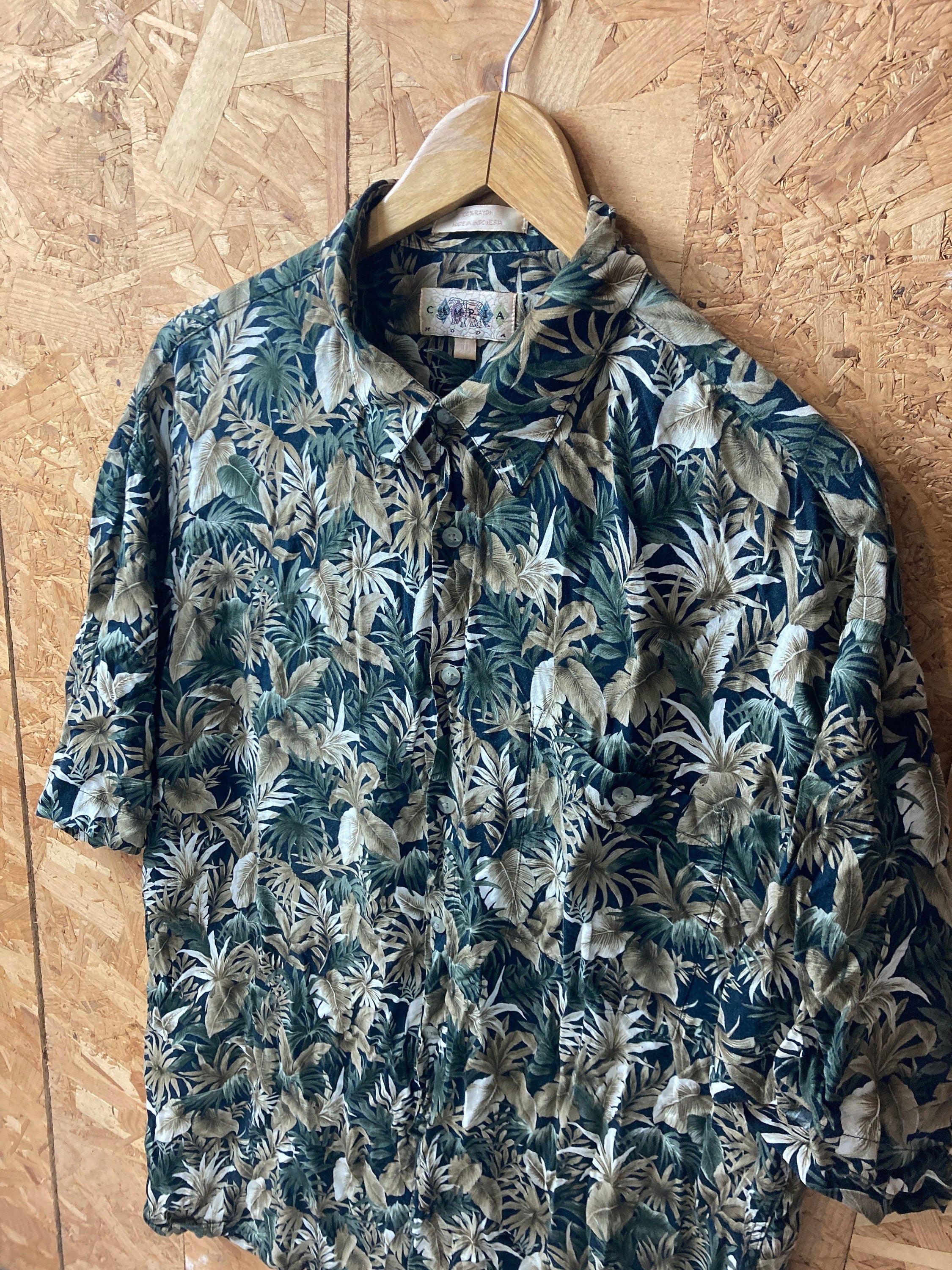 Vintage 90s green brown leaf pattern Hawaiian short sleeve ugly rayon shirt size XL