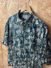 Vintage 90s green brown leaf pattern Hawaiian short sleeve ugly rayon shirt size XL