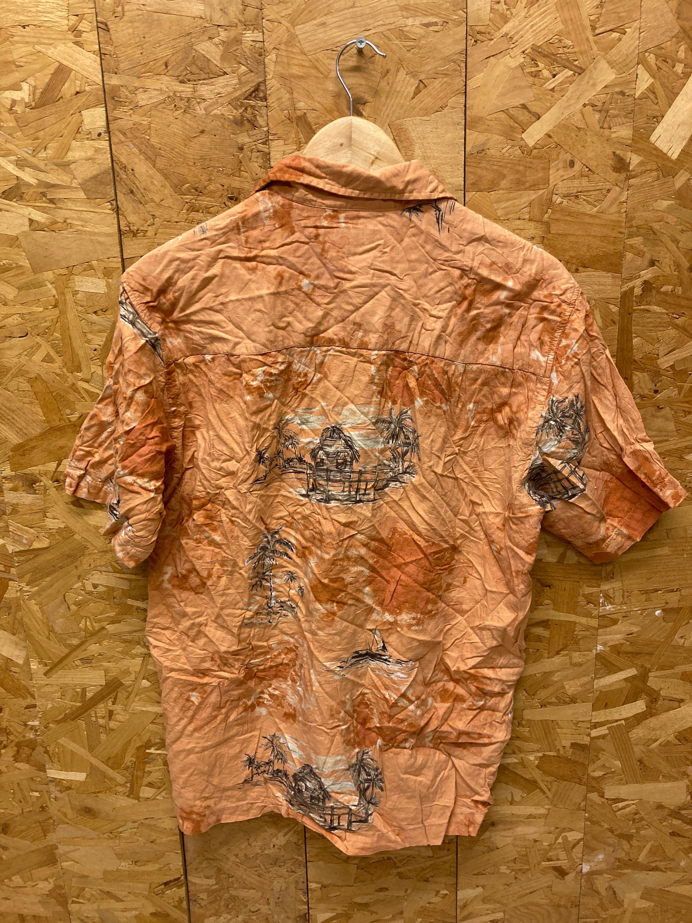 Vintage 80s orange beige hibiscus floral palm Hawaiian party beach rayon shirt size L by Calypso Joe