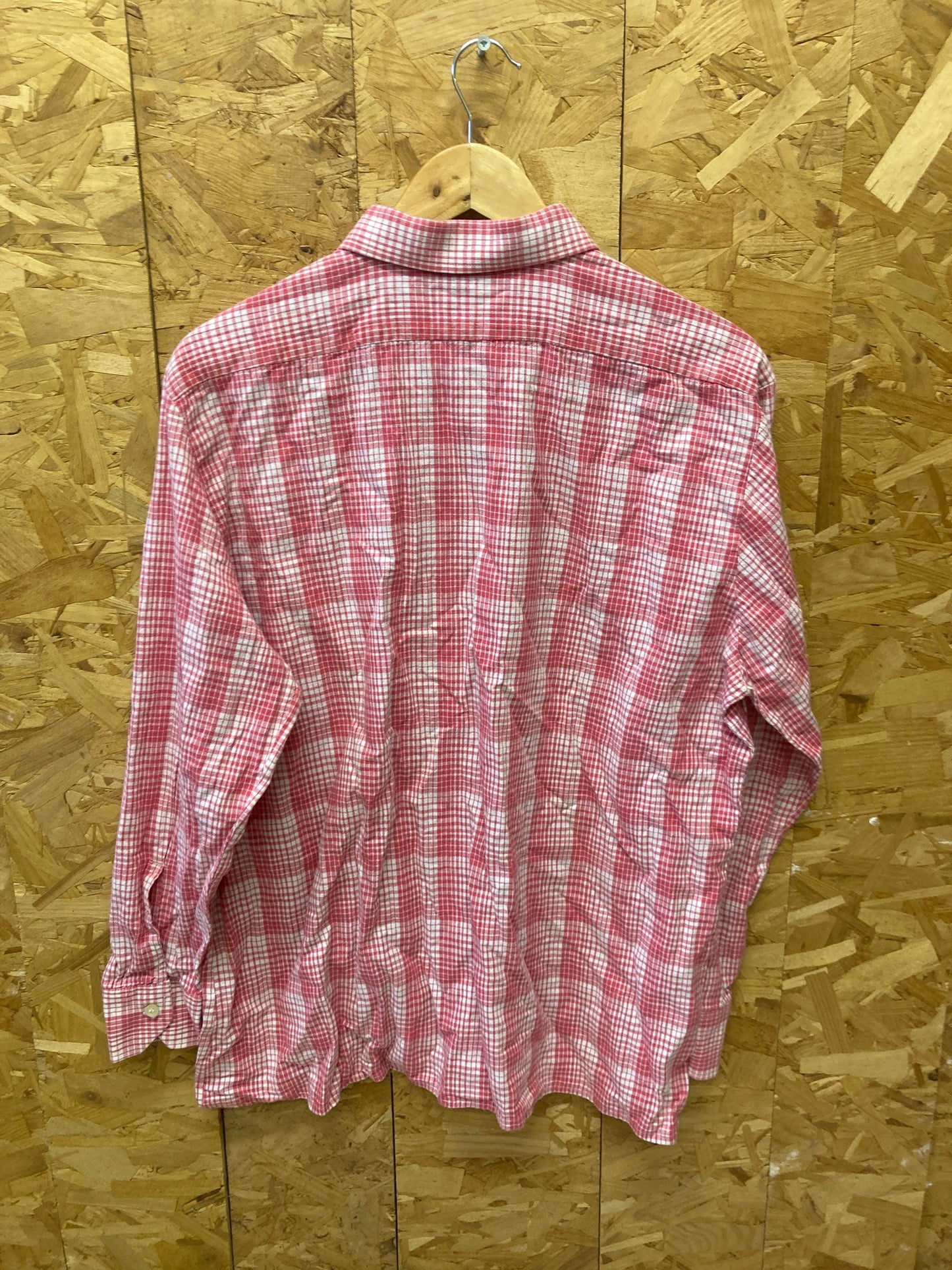 Vintage 80s red white pink gingham tablecloth check long sleeve Mod skinhead retro punk shirt size X