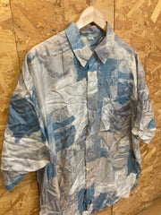 Vintage 90s men’s ugly abstract pastels pattern 100% silk beige grey blue festival short sleeve shir