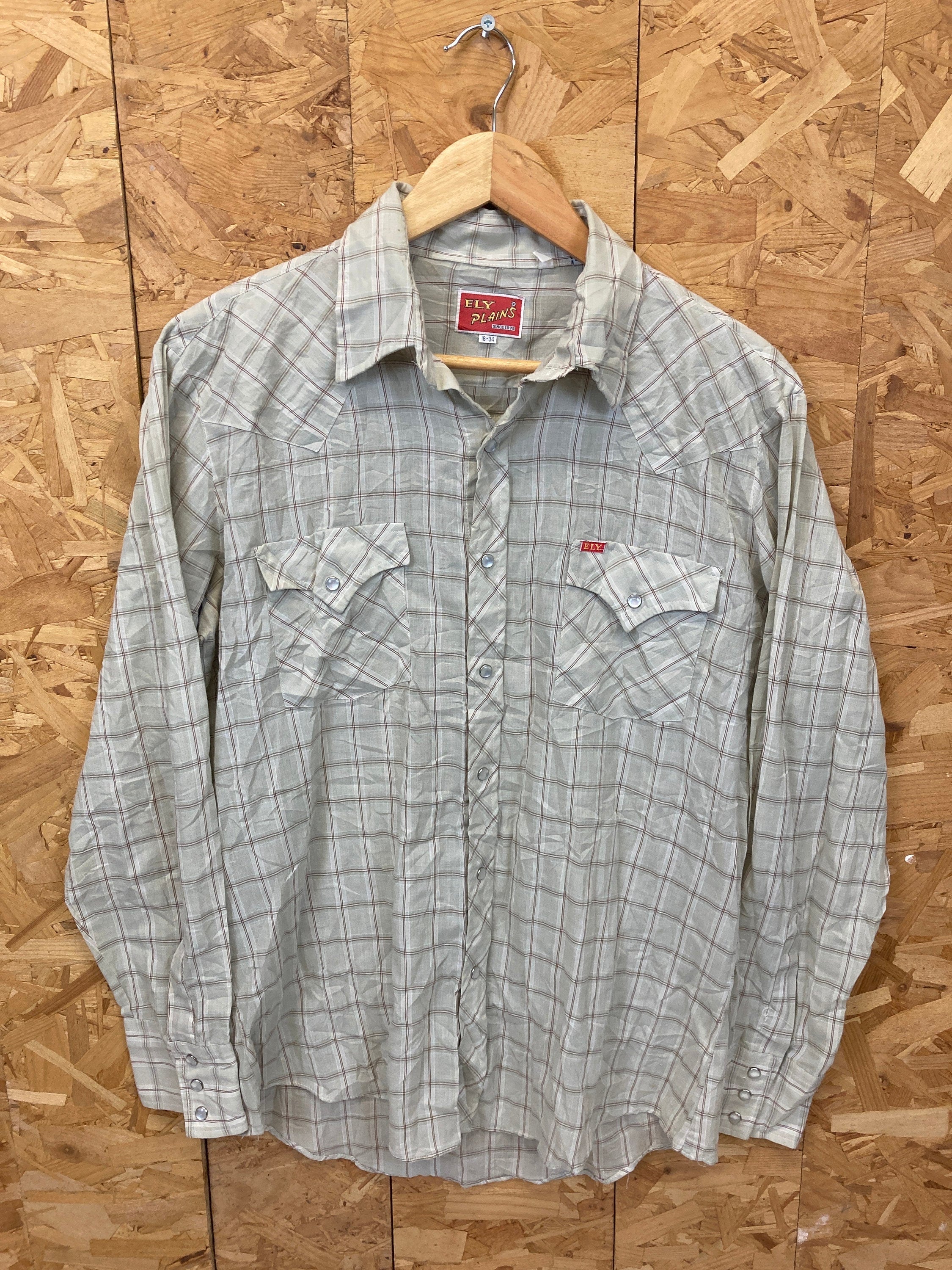Vintage Ely Cattlemen Western Cowboy Dress Shirt beige twin pocket size 16/34 medium