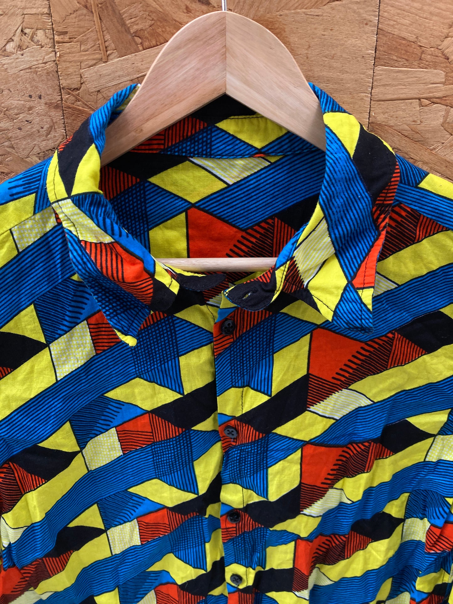 Vintage Y2K blue yellow abstract cubic escher pattern long sleeve shirt small