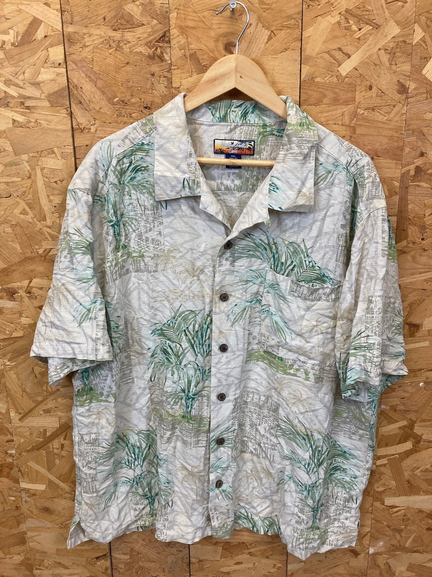 Vintage 90s green beige bamboo pattern 100% silk eccentric hawaiin shirt size XXL by H Jack Cafe