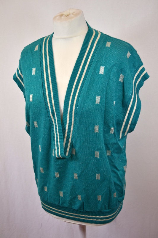 Vintage 80s ladies turquoise & white tank top jumper plunging v-neck size large