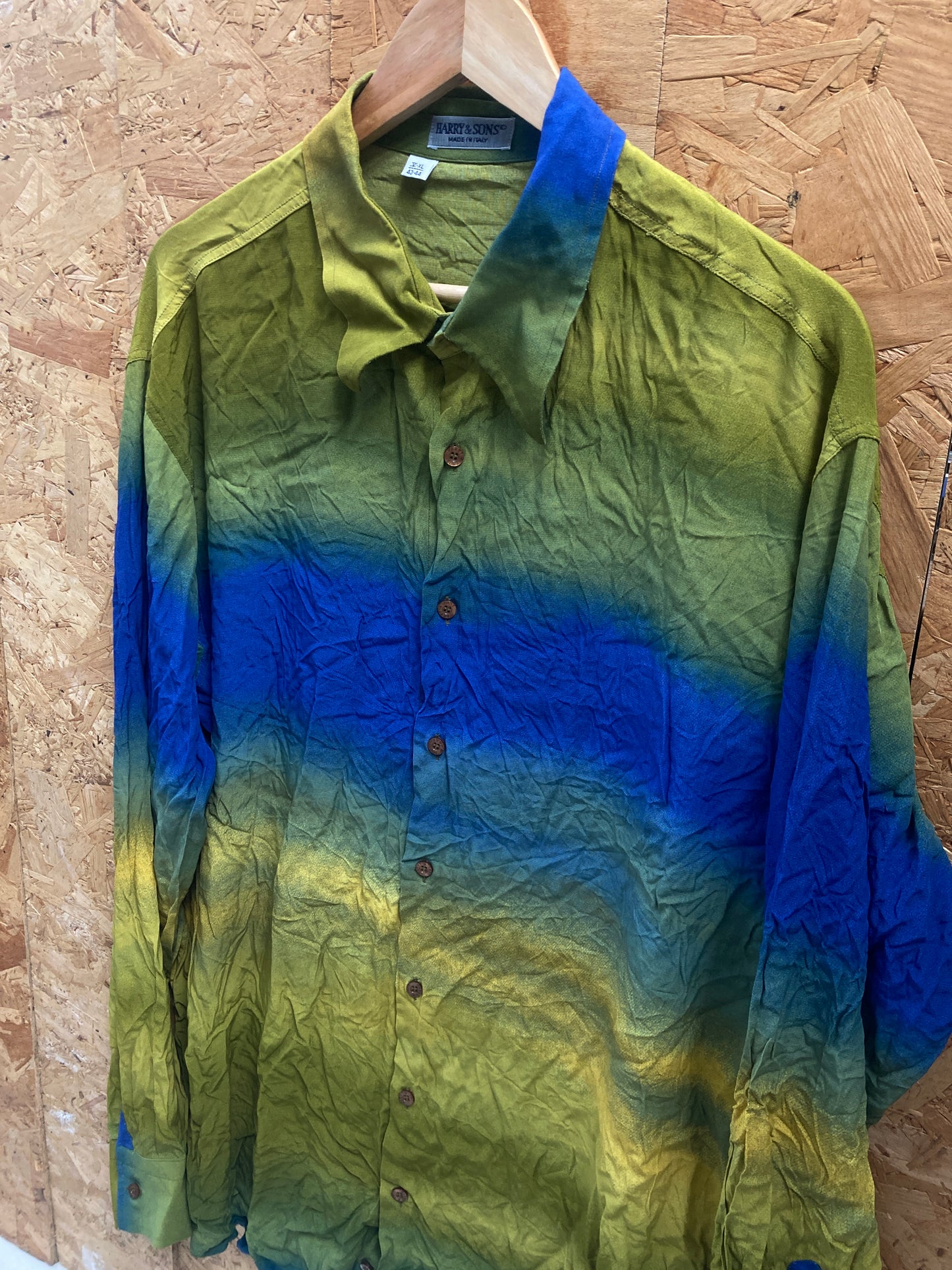 Vintage 90s blue green faded ombre bold pattern long sleeve shirt size XL