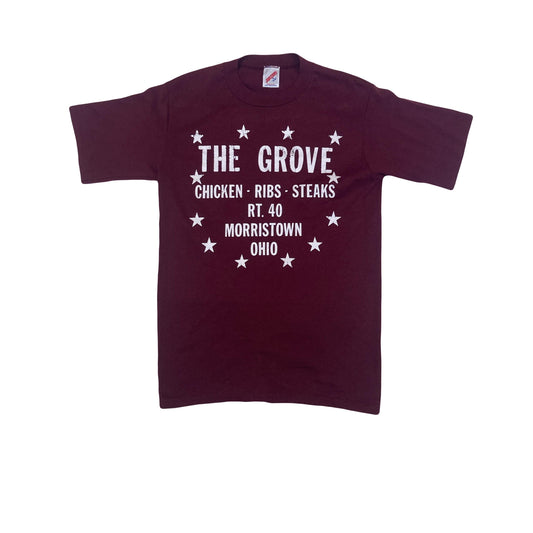 Vintage 90s The Grove BBQ Morristown Ohio roadside diner maroon burgundy USA souvenir t shirt size s