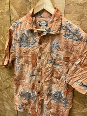 Vintage 80s orange beige hibiscus floral palm Hawaiian party beach rayon shirt size L by Calypso Joe