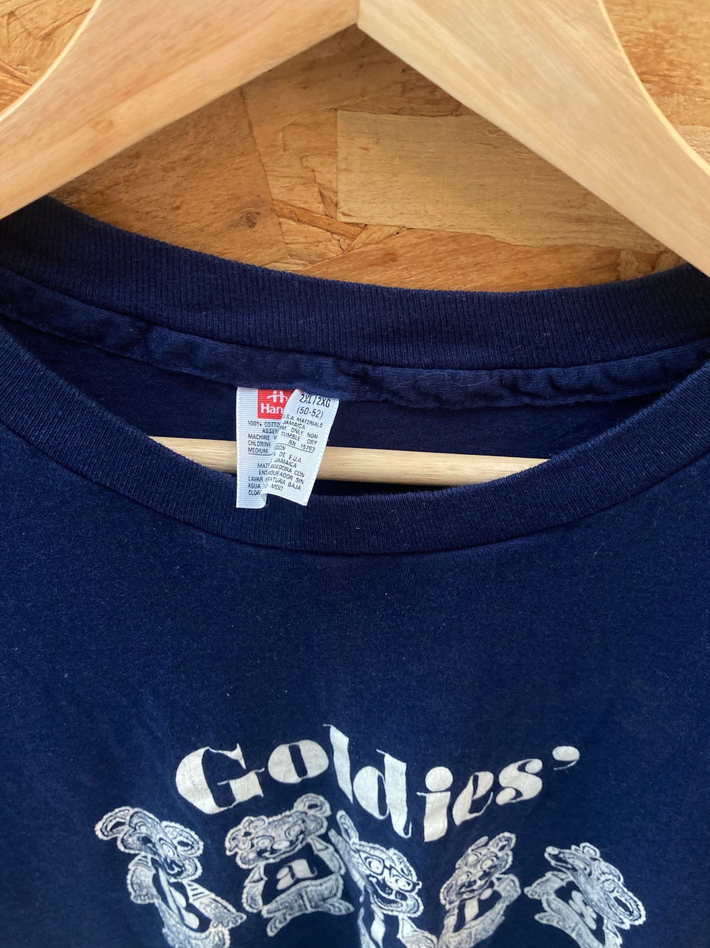 Vintage 90s quirky navy blue Goldies' Bairs single stitch t-shirt size XXL