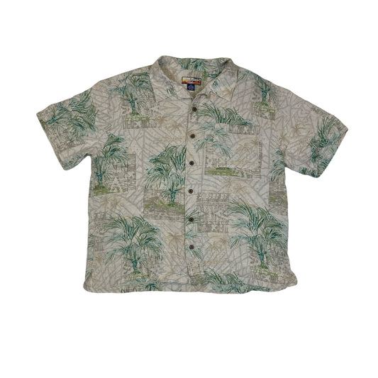 Vintage 90s green beige bamboo pattern 100% silk eccentric hawaiin shirt size XXL by H Jack Cafe